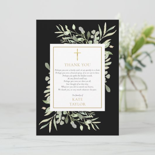 Carte De Remerciements Elégant Gold Black Greenery Poème funéraire (Debout devant)