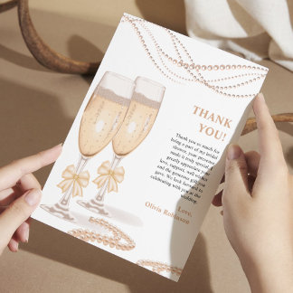 Carte De Remerciements Elegant Gold Bow Pearls and Prosecco Bridal Shower