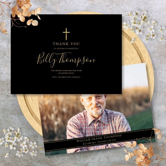 Carte De Remerciements Elegant Gold Cross Memorial Funeral Photo simple