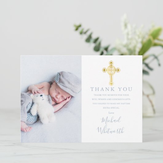 Carte De Remerciements Elégant Gold Cross Photo Signature Script Baptême (Debout devant)