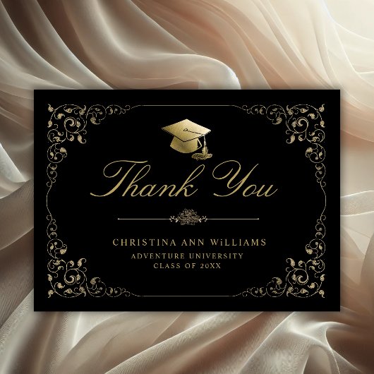 Carte De Remerciements Élégant Gold Ivy Script Black Graduation