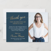 Carte De Remerciements Élégant Gold Script Navy Blue Graduation Photo Tha (Devant)