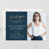 Carte De Remerciements Élégant Gold Script Navy Blue Graduation Photo Tha (Devant / Derrière)