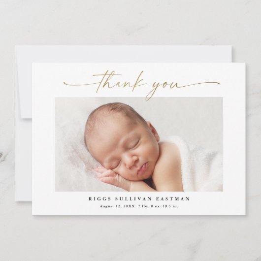 Carte De Remerciements Elégant Gold Script photo bébé (Devant)