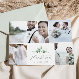 Carte De Remerciements Elegant Greenery 4 Photo Collage Wedding