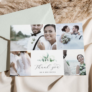 Carte De Remerciements Elegant Greenery 4 Photo Collage Wedding