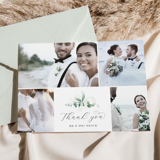 Carte De Remerciements Elegant Greenery 4 Photo Collage Wedding