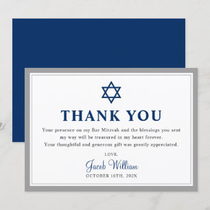 Carte De Remerciements Elegant Grey et Navy Blue Bar Mitzvah