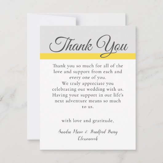 Carte De Remerciements Élégant Gris Jaune Script Mariage Photo collage T (Dos)