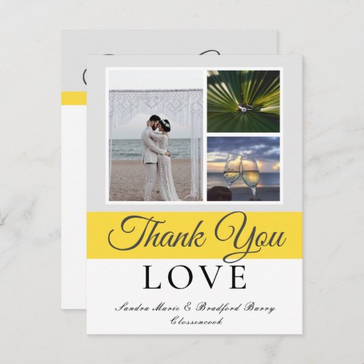Carte De Remerciements Élégant Gris Jaune Script Mariage Photo collage T (Devant / Derrière)
