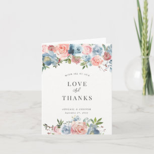 Carte De Remerciements Élégant Guirlande Florale Bleu Poussiéreux et Rose