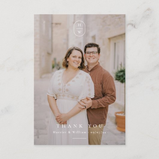 Carte De Remerciements Élégant Initiales noir & blanc Mariage photo (Devant)