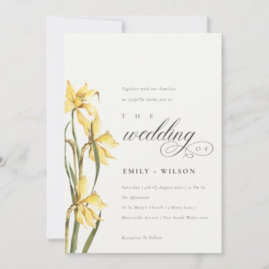 Carte De Remerciements Elégant Jaune Daffodil Aquarelle Mariage Invite (Devant)