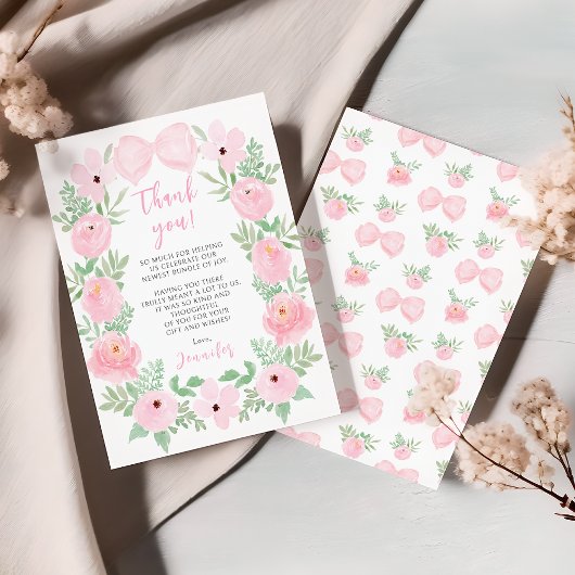 Carte De Remerciements Elégant joli arc rose fleuri bébé fille douche