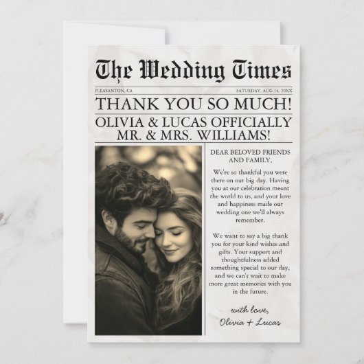 Carte De Remerciements Élégant journal unique Mariage photo (Devant)