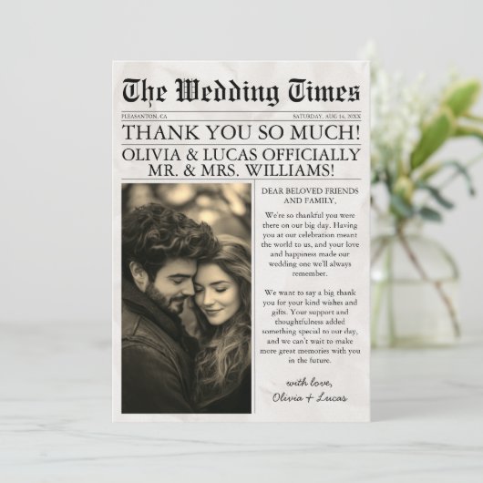 Carte De Remerciements Élégant journal unique Mariage photo (Debout devant)