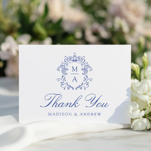 Carte De Remerciements Élégant mariage bleu chinoiserie monogramme crête