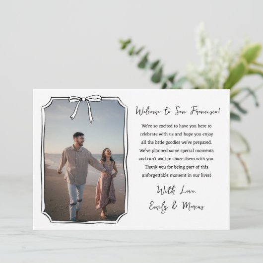 Carte De Remerciements Elégant Mariage Bow Welcome Bag Card avec photo (Debout devant)