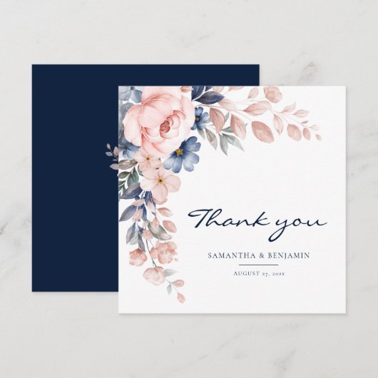 Carte De Remerciements Élégant Mariage d'aquarelle bleu rose floral (Devant / Derrière)