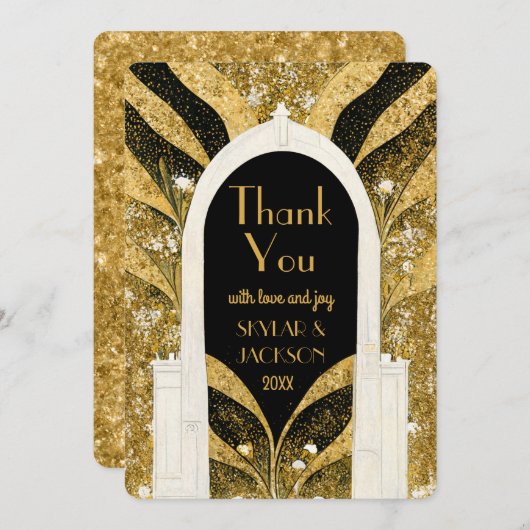 Carte De Remerciements Elégant Mariage d'arcade Art déco noir et or (Devant / Derrière)