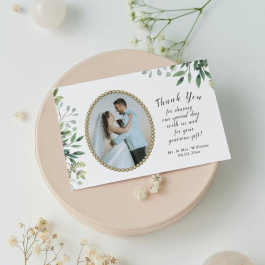 Carte De Remerciements Élégant mariage de feuillage et de perle d'or