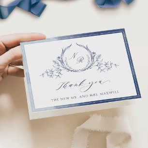Carte De Remerciements Élégant Mariage de monogramme bleu marine