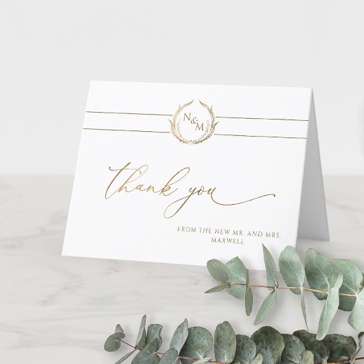 Carte De Remerciements Élégant Mariage de Monogramme Or et Blanc