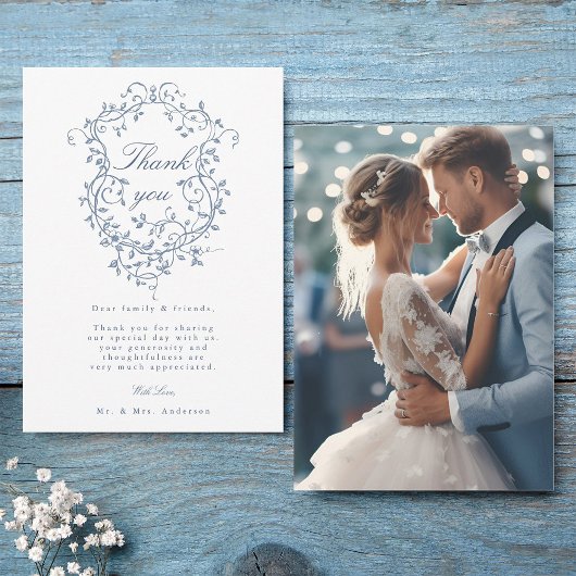 Carte De Remerciements Élégant Mariage Floral Bleu Français Photo