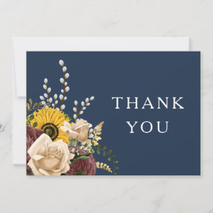 Carte De Remerciements Élégant Mariage floral de tournesol bleu marine
