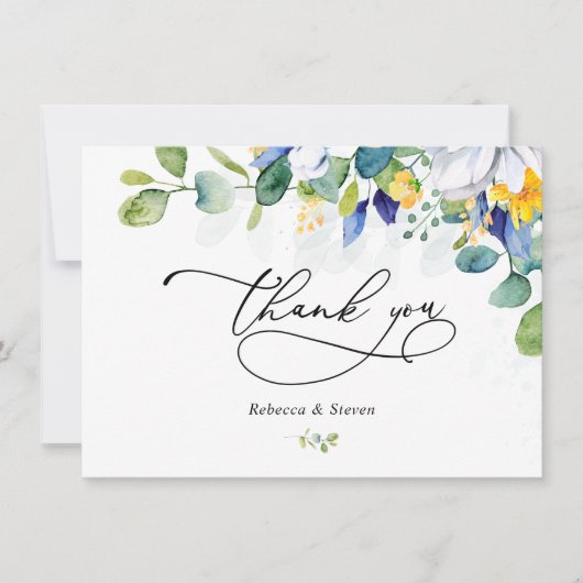 Carte De Remerciements Élégant mariage floral jaune blanc bleu (Devant)