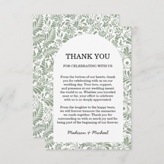 Carte De Remerciements Élégant Mariage Floral Ornate Sage Vert (Devant / Derrière)