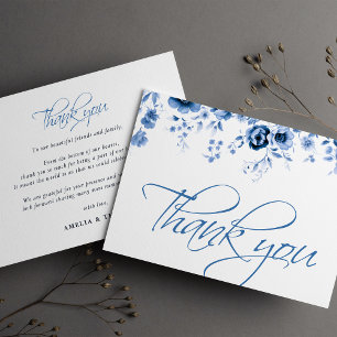 Carte De Remerciements Élégant Mariage Floral Toile Bleu Français Script
