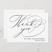 Carte De Remerciements Élégant Mariage Moderne Script Blanc Noir (Devant / Derrière)