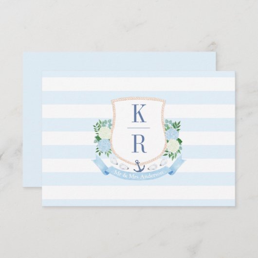 Carte De Remerciements Élégant Mariage Monogramme Côtier Bleu Et Blanc (Devant / Derrière)