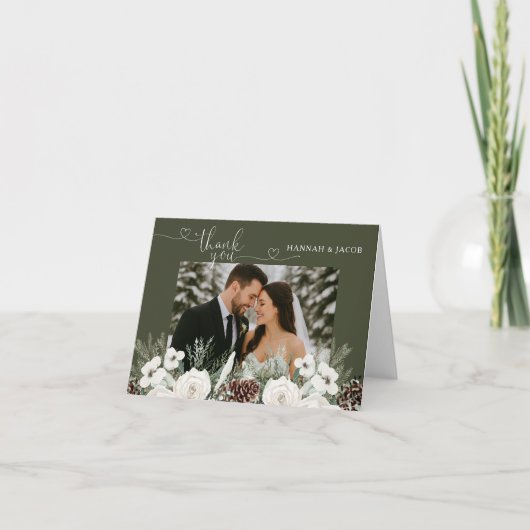 Carte De Remerciements Élégant Mariage photo de pin d'hiver (Devant)
