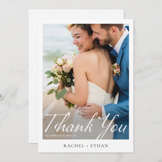Carte De Remerciements Élégant Mariage photo moderne de script blanc (Devant / Derrière)