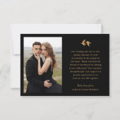 Carte De Remerciements Élégant Mariage photo noir et or | Oiseaux (Dos)