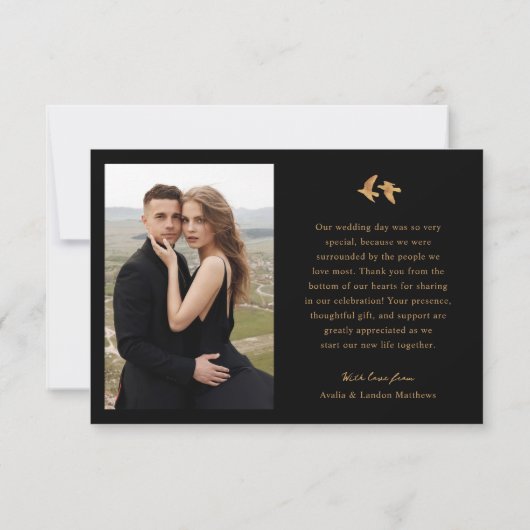Carte De Remerciements Élégant Mariage photo noir et or | Oiseaux (Dos)