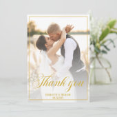 Carte De Remerciements Élégant Mariage Photos Gold Script (Debout devant)