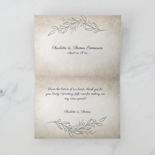 Carte De Remerciements Élégant Mariage Script Feuilles Douces (Intérieur)