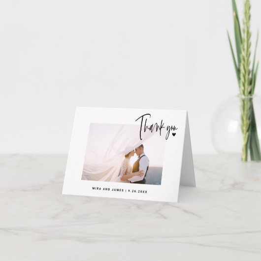 Carte De Remerciements Elégant Mariage Script Photo Heart Simple Moderne (Devant)