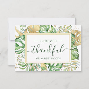 Carte De Remerciements Élégant Mariage Tropical Foliage Gold Frame