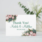 Carte De Remerciements Élégant Mariage vert Wreath Pink Buds (Debout devant)