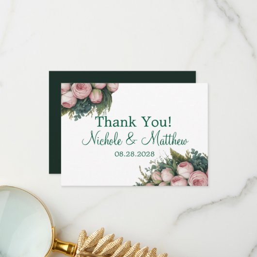 Carte De Remerciements Élégant Mariage vert Wreath Pink Buds (Devant/Arrière en situation)