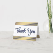 Carte De Remerciements Élégant Marine Bleu Script et Gold Stripes pliés (Devant)