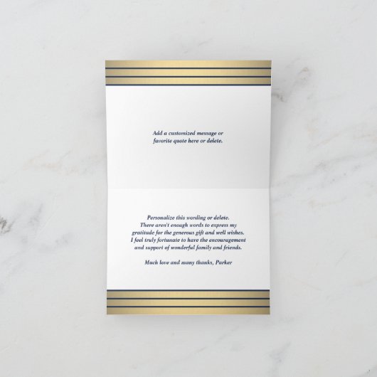 Carte De Remerciements Élégant Marine Bleu Script et Gold Stripes pliés (Intérieur)