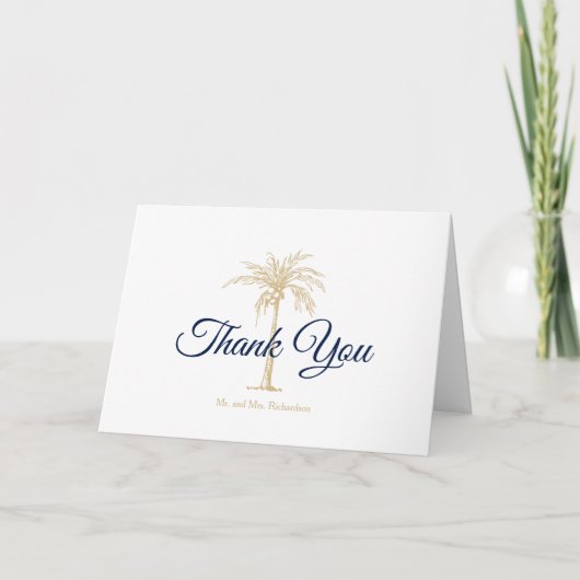 Carte De Remerciements Elegant Marine Blue Gold Palm Tree Mariage Photo (Devant)