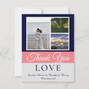 Carte De Remerciements Elégant Marine Coral bleu Mariage rose Photo colla
