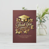 Carte De Remerciements Élégant Maroon Gold Casquette Leaf Graduation (Debout devant)