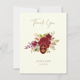 Carte De Remerciements Élégant Marsala Floral Croix Dorée Mariage